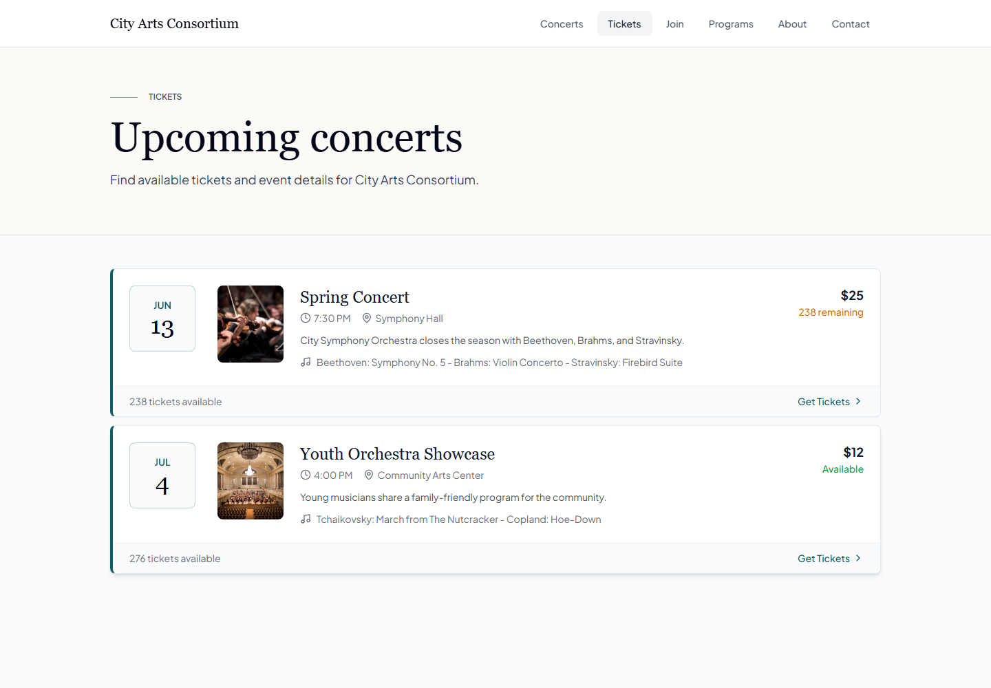 Public EnsembleBase ticket page listing an ensemble's upcoming concerts with dates, venues, and buy buttons.