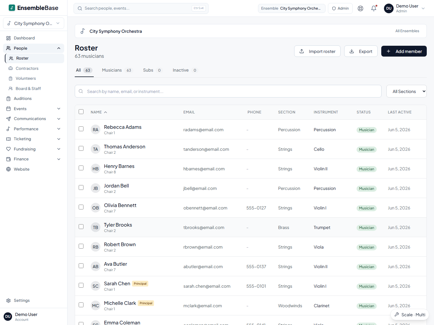 EnsembleBase roster showing members organized by section, instrument, chair, and substitute status.