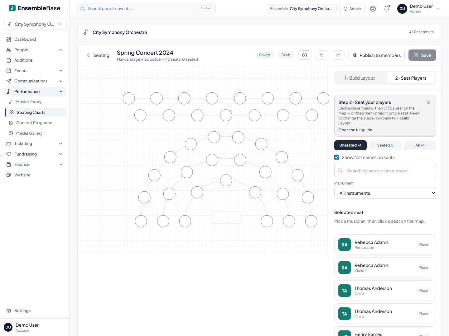 EnsembleBase stage-map builder with curved seat rows and a roster panel of unseated players.